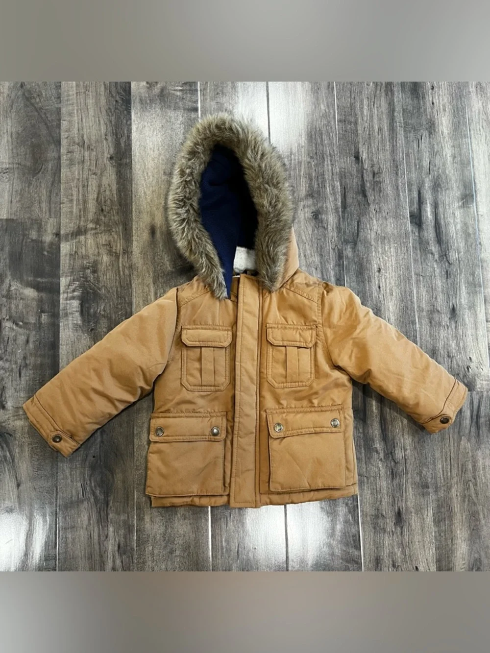 Toddler Boys Carters Faux Fur Trim Hood Khaki Parka Coat ~ Size 2T